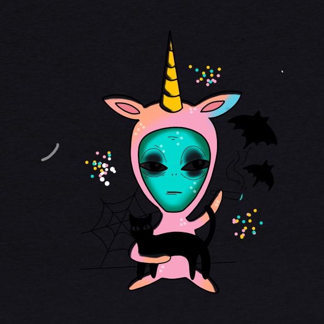 alien in a pink unicorn onesy holding a cat smoking a blunt cute gift by AnanasArt